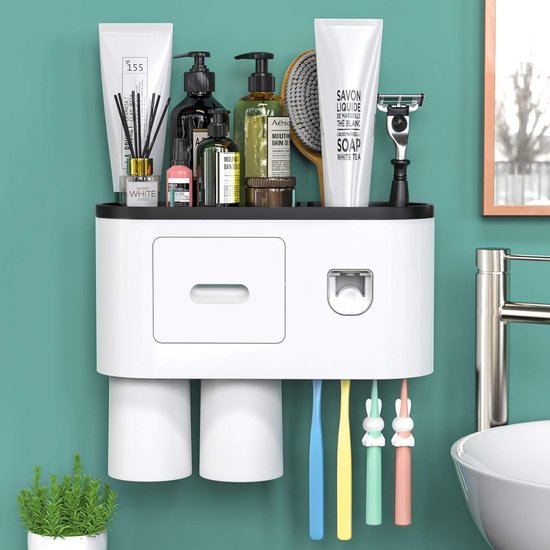 Olmy UV Tandenborstel Sterilisator, 3 in 1 Multifunctionele Elektrische Tandenborstelhouder Muurbevestiging Automatische Tandpasta Dispenser Badkamer Accessoires Set voor Kinderen en Volwassenen, Eenpersoons, Liefhebbers en Familie