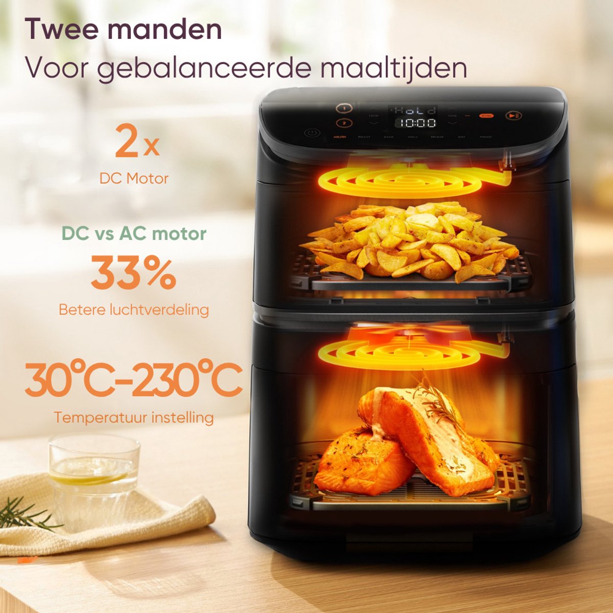 Afbeelding 3 van Cosori XXL Airfryer Turbo Tower - 10.8 liter inhoud - 2 manden apart in te stellen - 7 programma's - met 100 stuks bakpapier