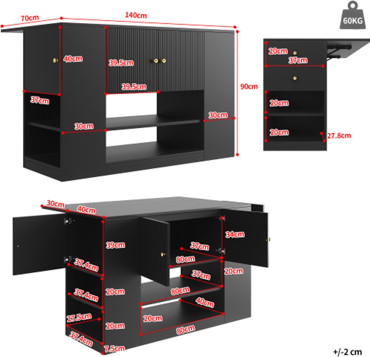Modern kookeiland, keukenkast, buffetkast, keukenkast met lades en planken, dressoir voor keuken & eetkamer, zwart — cadeau in Cadeau-ideeën - foto 7