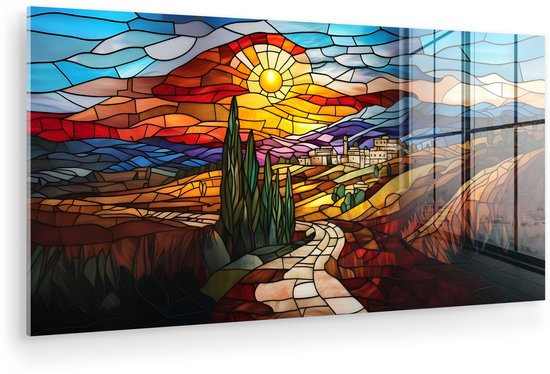 MuchoWow® Peinture sur verre 120x60 cm - Peinture sur verre acrylique - Mosaïque - Soleil - Paysage - Village - Photo sur verre - Décoration murale salon - Décoration murale chambre - Peintures