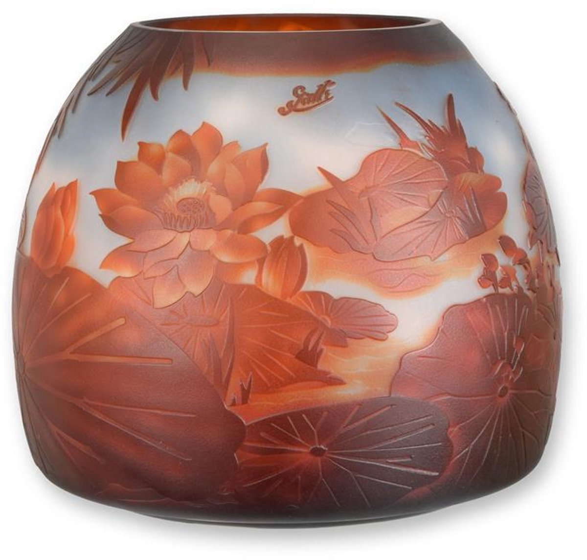 VntiQue Glazen vaas ‘Lelievijver’ – decoratieve Cameo glas vaas – handgemaakt art nouveau sierobject voor tafeldecoratie en interieurdecoratie Oranje