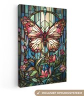 Canvas schilderij 80x120 cm - Exclusieve wanddecoratie Vlinder - Roze - Bloemen - Bladeren - Muurdecoratie woonkamer - Slaapkamer decoratie - Kamer accessoires - Schilderijen op canvas