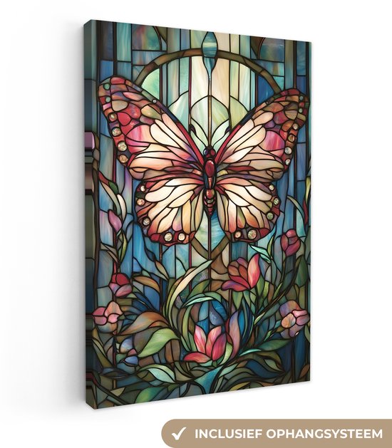 Tableau sur toile 'Papillon' effet vitrail, avec texte 'Système de suspension inclus'.
