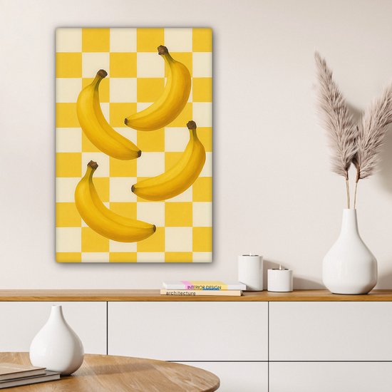 Tableau sur toile 60x90 cm - Décoration murale Bananes - Jaune - À carreaux - Décoration murale salon - Décoration chambre - Accessoires chambre - Peintures sur toile