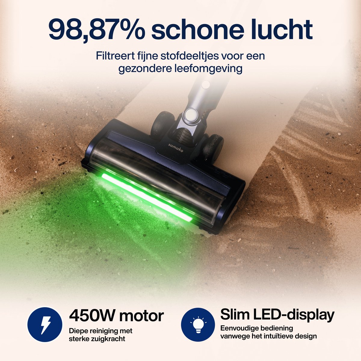 Samako Steelstofzuiger Draadloos - 450W - Kruimeldief - 4 Opzetstukken - Stofzuiger 32kPa zuigkracht - Zonder zak op accu - CleanDetect — afbeelding 5