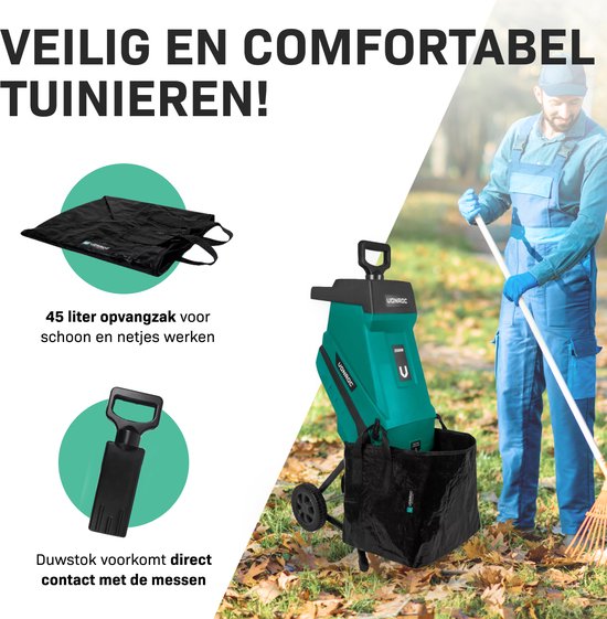 Groene hakselaar met duwstok en opvangzak. "Veilig en comfortabel tuinieren! 45 liter opvangzak voor schoon en netjes werken. Duwstok voorkomt direct contact met de messen."