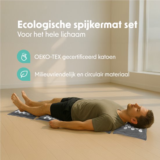LifeGoods Acupressuur Mat Eco - 72x43x2cm - Spijkermat met Kussen / Draagtas / 2x Triggerpoint Bal - Shakti mat - Spijkerbed - Grijs/Wit