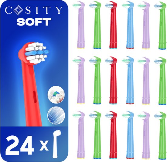 Foto: Cosity 24x kids opzetborstels compatibel met oral b en braun geschikt voor kinderen 4 kleuren soft