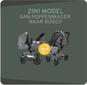 Grijze 2-in-1 poppenwagen, om te bouwen van poppenwagen naar buggy. Geel 2-in-1 icoon.