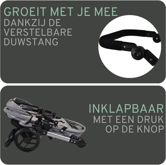 Grijze poppenwagen met verstelbare duwstang en een inklapbaar frame.