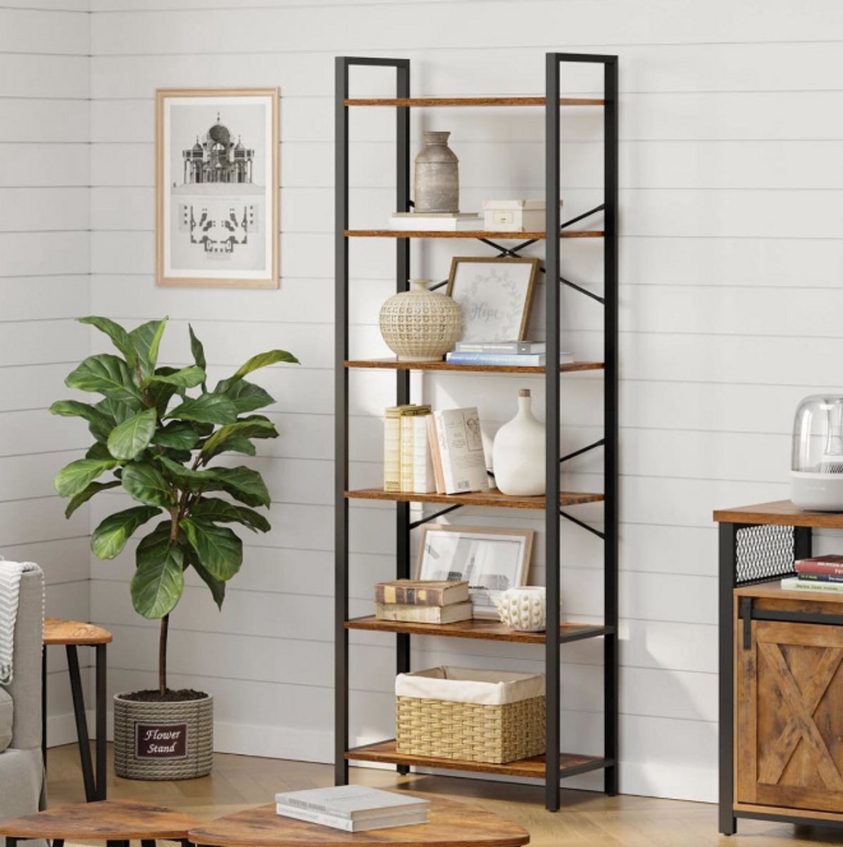 Mazazu Boekenkast - Boekenrek - Industrieel - 6 Lagen - Hout/metaal - Bruin/Zwart - 66x30x186