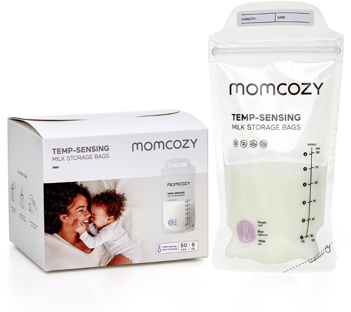 Momcozy 50 Moedermelk bewaarzakjes - Tot 175ml - Temperatuur indicatie - Lekvrij - BPA/BPS-vrij