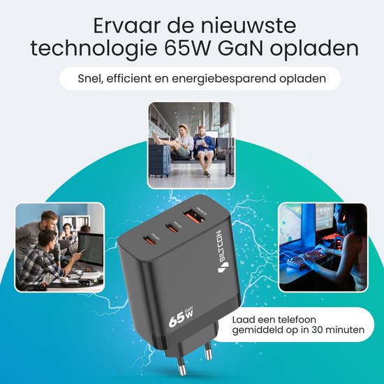 Siltcon® 3-in-1 Snellader USB-C 65W - USB C Adapter - Oplader USB-C - 2x USB-C PD 65W - 1x USB-A PD 22.5W - GaN Technologie - Universeel o.a. Telefoons, Laptops - Extra Compact