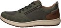 Groene sneaker met rits, veters, mesh en bruine accenten.