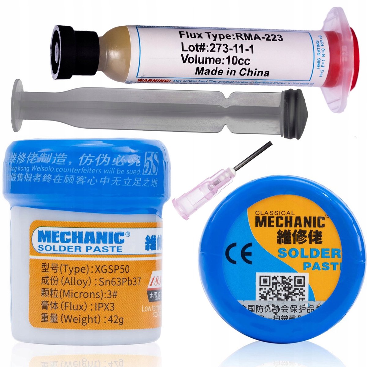 Rosfix soldeerpasta (vloeibare tin) XGSP50 42g 183 + Rosfix flux RMA-223 soldeerflux met plunjer en naald.
