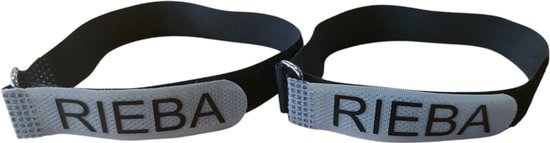 Twee zwarte broekklemmen met klittenband en "RIEBA"-logo, deels om elkaar heen geslagen.