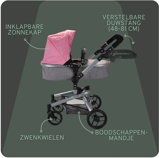 Lichtroze zonnekap, verstelbare duwstang (48-81 cm), zwenkwielen en boodschappenmand.