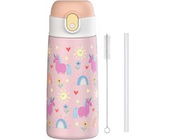 Pure Luv RVS Drinkfles met rietje - Magicsip - Drinkbeker - Roze - 500ml - Roestvrijstaal - RVS drinkfles Voor Kinderen - Inclusief Schoonmaakborstel - Kind- Peuter - BPA vrij - Unicorn - Schoolfles - Schoolreisje - Vakantiefles