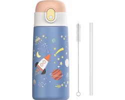 Pure Luv RVS Drinkfles met rietje - Rocketsip - Drinkbeker - Blauw - 500ml - Roestvrijstaal - Voor Kinderen - Inclusief Schoonmaakborstel - Kind- Peuter - BPA vrij - Peuterfles - Schoolfles - Schoolreisje - Vakantiefles