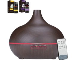 Aroma Diffuser Luchtbevochtiger Humidifier 550ml met Afstandsbediening - Geurverspreider met 2x 100% puur Etherische Lemon Grass en Lavendel Olie Gratis - Donkerbruin - Tensfact®