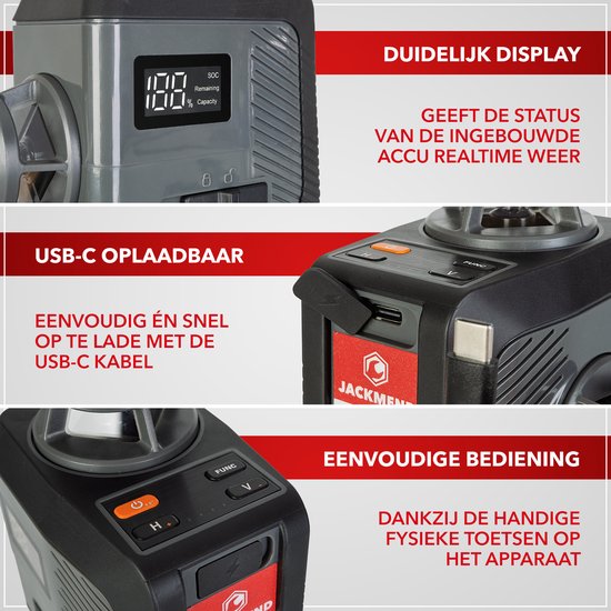 Duidelijk digitaal display met SOC en capaciteitsweergave op de Jackmend laser.