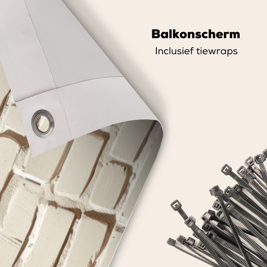 Balkonscherm 300x80 cm - Balkonposter Bakstenen - Muur - Licht - Wit - Balkon scherm decoratie - Balkonschermen - Balkondoek zonnescherm