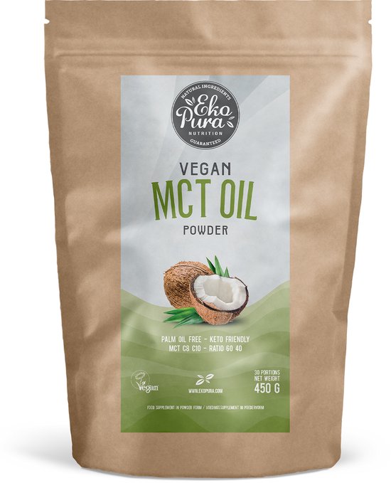 Bruine verpakking met groene en witte tekst. "VEGAN MCT OIL POWDER" en kokosnoten afbeelding.