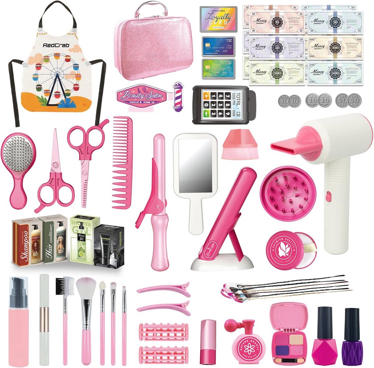 Beautyset voor meisjes - Kappers- en make-upkoffer met 55 stuks, inclusief haaraccessoires, föhn met geluid en stijltang voor kinderen vanaf 3 jaar