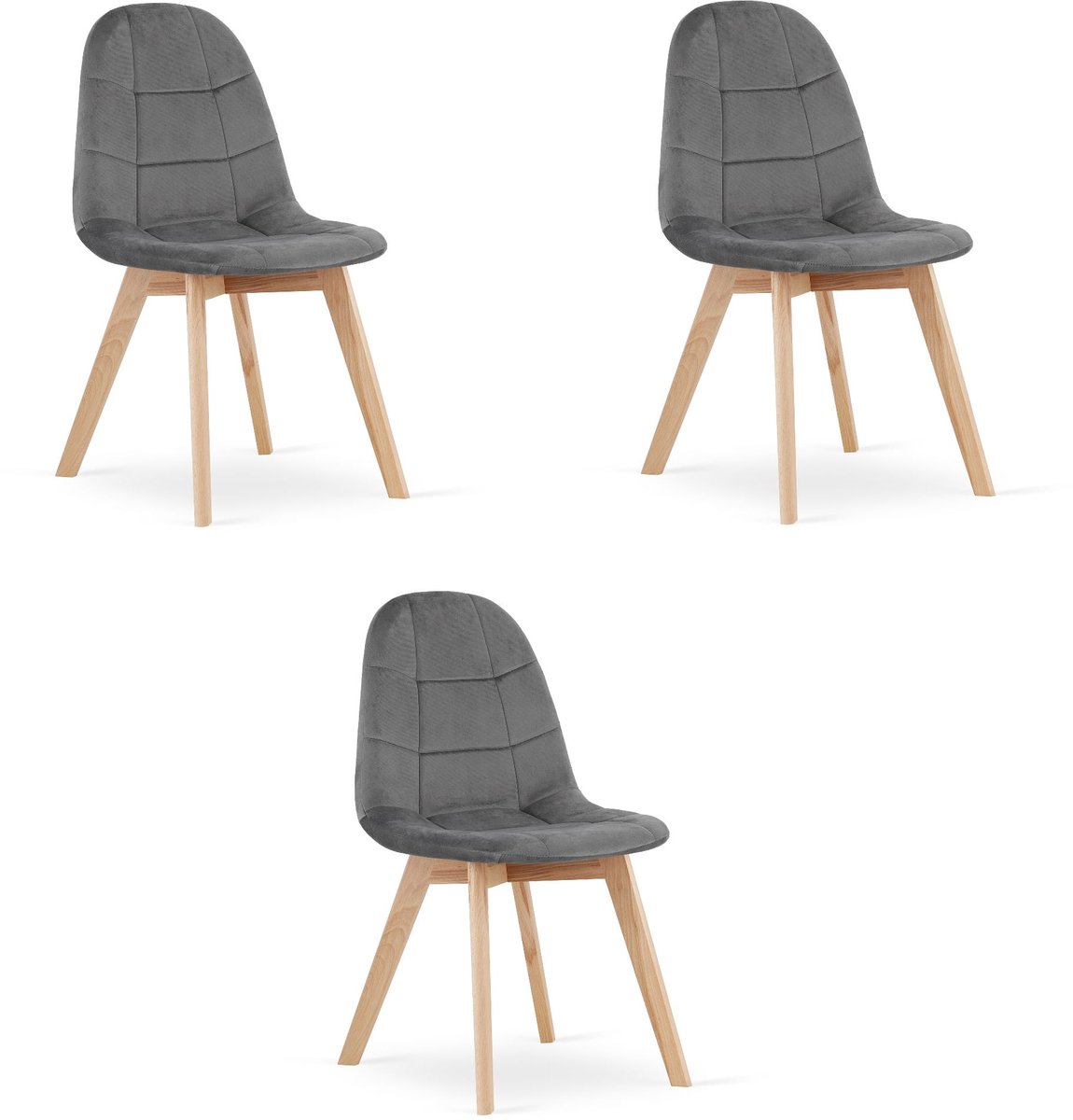 BORA Velvet Design Stoelen – Set van 3 – Donkergrijs Fluweel – Scandinavisch Design – Beukenhouten Poten – Modern & Ergonomisch
