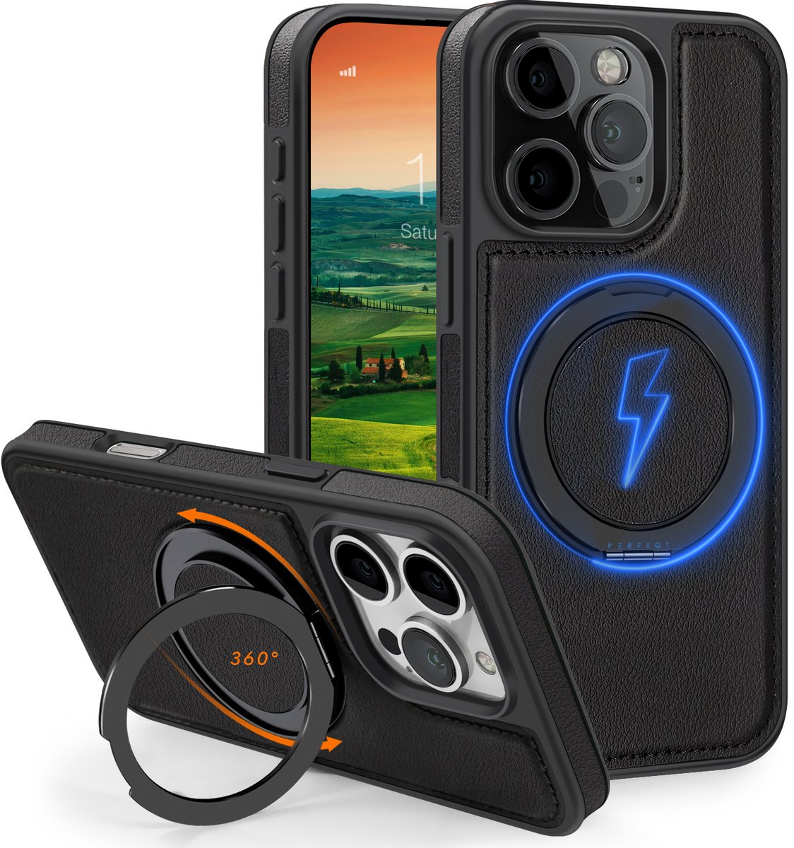 Perfeqt hoesje geschikt voor iPhone 15 Pro leren BackCover met 360° Kickstand & Keyring houder - Classic Black