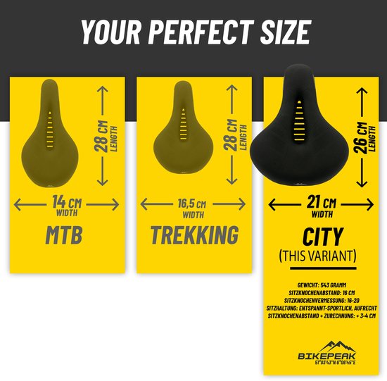 Drie fietszadels in verschillende maten: MTB (14 cm breed), TREKKING (16,5 cm breed) en CITY (21 cm breed).