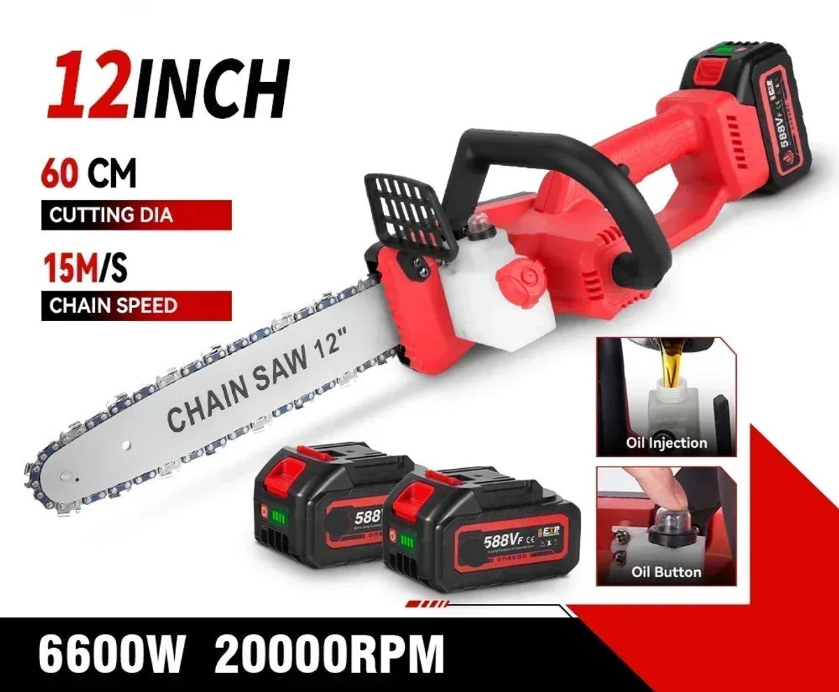 Elektrische Kettingzaag - met Accu - Snoeischaar - Handbediend- 12 Inch - 6600W - 20000RPM - Draadloos - Borstelloos - Snijden - Compatibel met 18V Accu - voor Tuinonderhoud - Renovatie - 2 Batterij