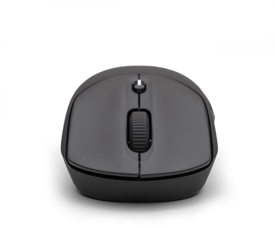 Zwarte HP muis met scrollwiel en knoppen, van voren gezien.