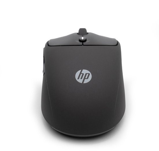 Zwarte HP muis met grijze logo, van bovenaf gezien.