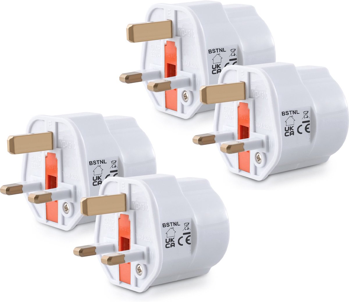 BSTNL 4x Reisstekker type G - Ideaal voor reizen in Engeland, Ierland, Schotland, Malta, Dubai, Singapore, Hong Kong en Maleisië - Fireproof - Vakantiestekker in wit