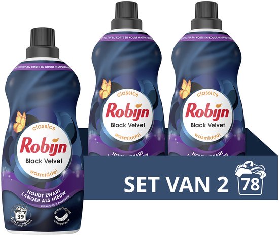 Robijn Klein & Krachtig Classics Vloeibaar Wasmiddel - Black Velvet - met natuurlijk zwartserum - 2 x 39 wasbeurten - Voordeelverpakking