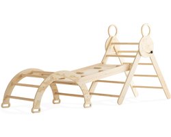 Buxibo Mini Klimrek – Houten Klimrek met Klimboog & Klimhelling met Glijbaan – Montessori Speelgym voor Binnen – 176x47x82 cm – Naturel