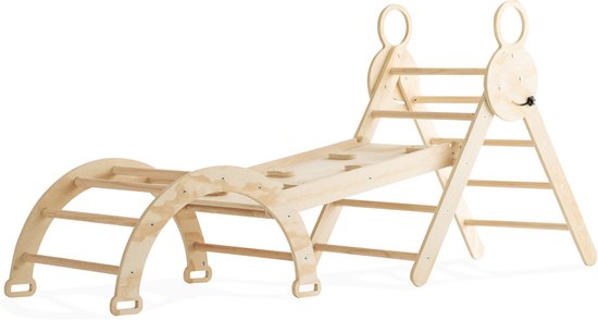Buxibo Mini Klimrek – Houten Klimrek met Klimboog & Klimhelling met Glijbaan – Montessori Speelgym voor Binnen – 176x47x82 cm – Naturel