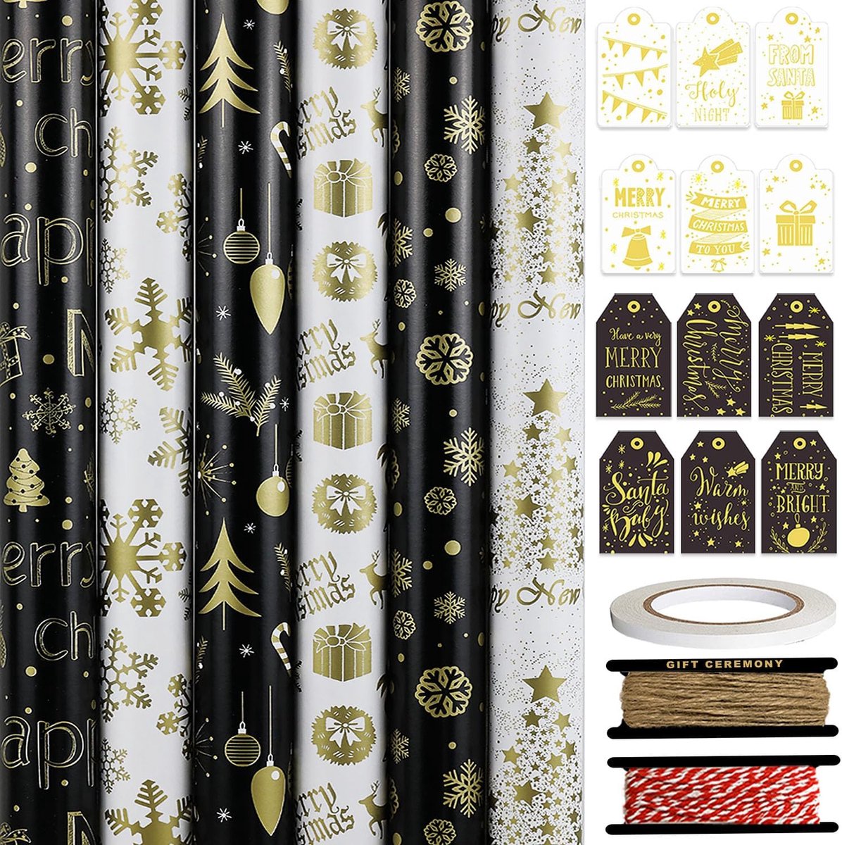 6 Feestelijke Kerst Inpakpapier Rollen - Luxe Cadeaupapier met Design