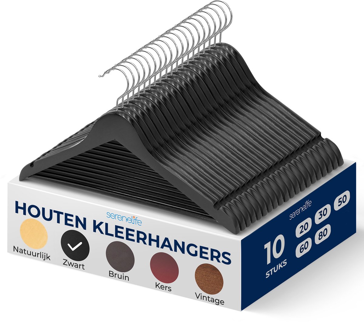 SereneLife Kleerhanger - Houten Hangers - Antislip Ruimtebesparende Kledinghangers - met 360° Draaibare Haak en Inkepingen - 10 Stuks - Duurzaam en Sterk voor Hemden, Truien, Hoodies, en Jurken