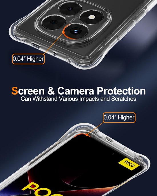 Detailopname van een transparante telefoonhoes die de verhoogde randen rond scherm (0.04" hoger) en camera toont. Bescherming tegen stoten en krassen.