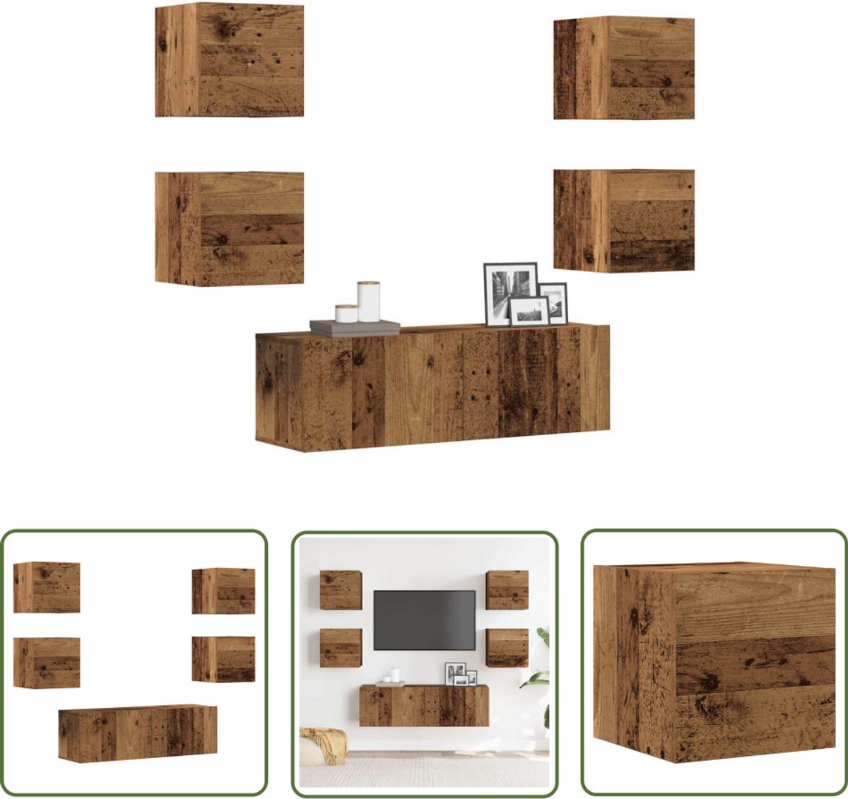 vidaXL Houten Tv Kast - Tv Meubel - 5-delig Tv-meubelset wandmontage bewerkt hout oud houtkleurig - Salontafel - Media Kast - Opbergkast