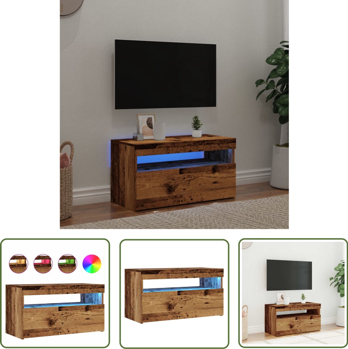vidaXL Salontafel - Tv Meubel - Tv-meubel met LED 75x35x40 cm bewerkt hout oud hout - Houten Tv Kast - Led Licht - Rgb Verlichting