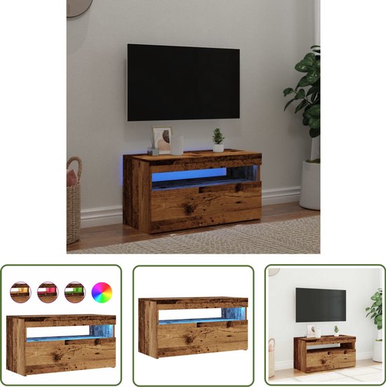 Meuble TV The Living Store avec LED 75x35x40 cm bois traité vieux bois - Meuble TV - Table basse - Meuble TV en bois - Éclairage LED - Siècle des Lumières RVB
