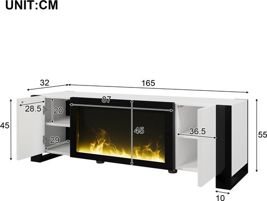 FAYICIC TV-Kast Lowboard Met Elektrische Open Haard - Hoogglans Wit/Zwart 165 Cm
