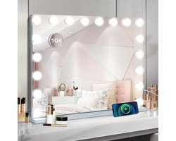 Royals Grote Hollywood Spiegel 80x60CM - 18x Led Lampen - USB + USB-C Oplaadpoort - 10x Vergroting - 3 lichtstanden - Dimbaar - Smart Touch - hollywood spiegel met verlichting - Spiegel met verlichting - Make Up Spiegel