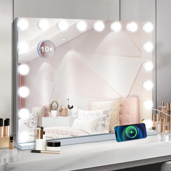 Miroir Hollywood Royals avec Siècle des Lumières - Miroir de maquillage - Éclairage LED 18x - Zoom 10x - 3 modes d'éclairage - Smart Touch - miroir hollywoodien - 80 x 60CM