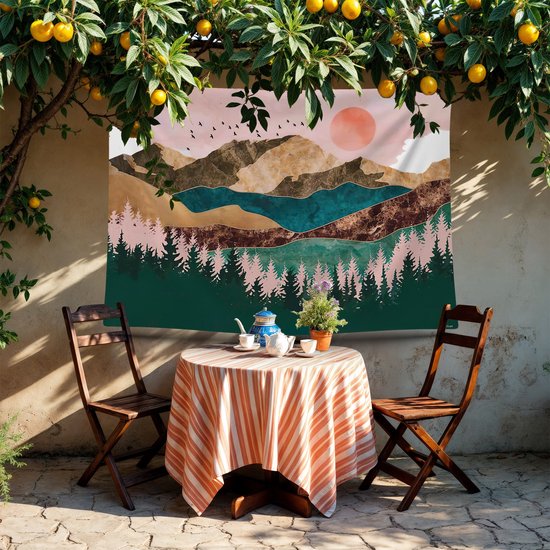 Ulticool Wandkleed 200x150 cm – Natuur Bos Bohemian Aesthetic Hippie – Met Bevestigingspinnen - voor Binnen / Buiten - Tuinposter Wandtapijt Buitenkleed Decoratie Schilderijen Posters Boho - Idee Vrouw / Tiener / Meisje - Roze Blauw