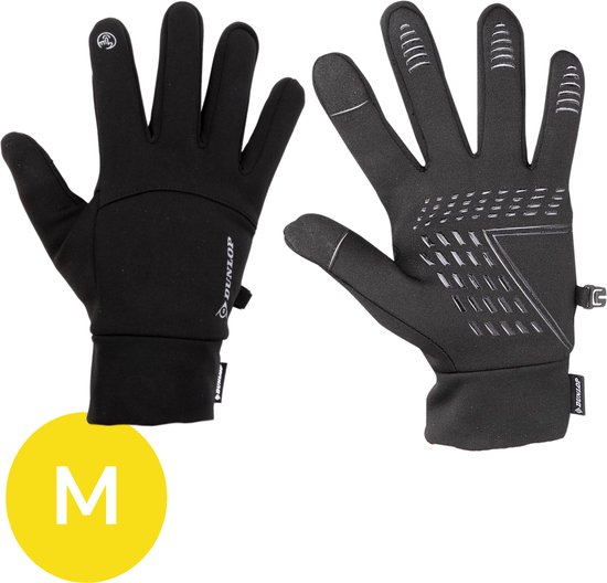 Set van twee zwarte Dunlop fietshandschoenen, maat M. Eén handschoen toont de binnenzijde, de andere de buitenzijde met details.