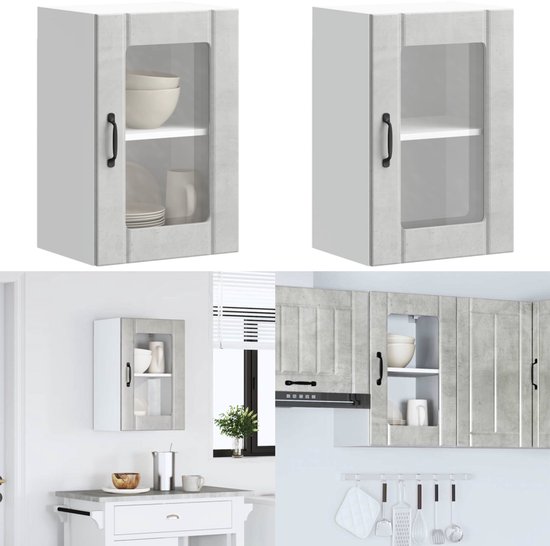 Wandkasten met glazen deuren 2 st 68,5x37x35 cm betongrijs Wandkasten met glazen deuren 2 st 68,5x37x35 cm betongrijs